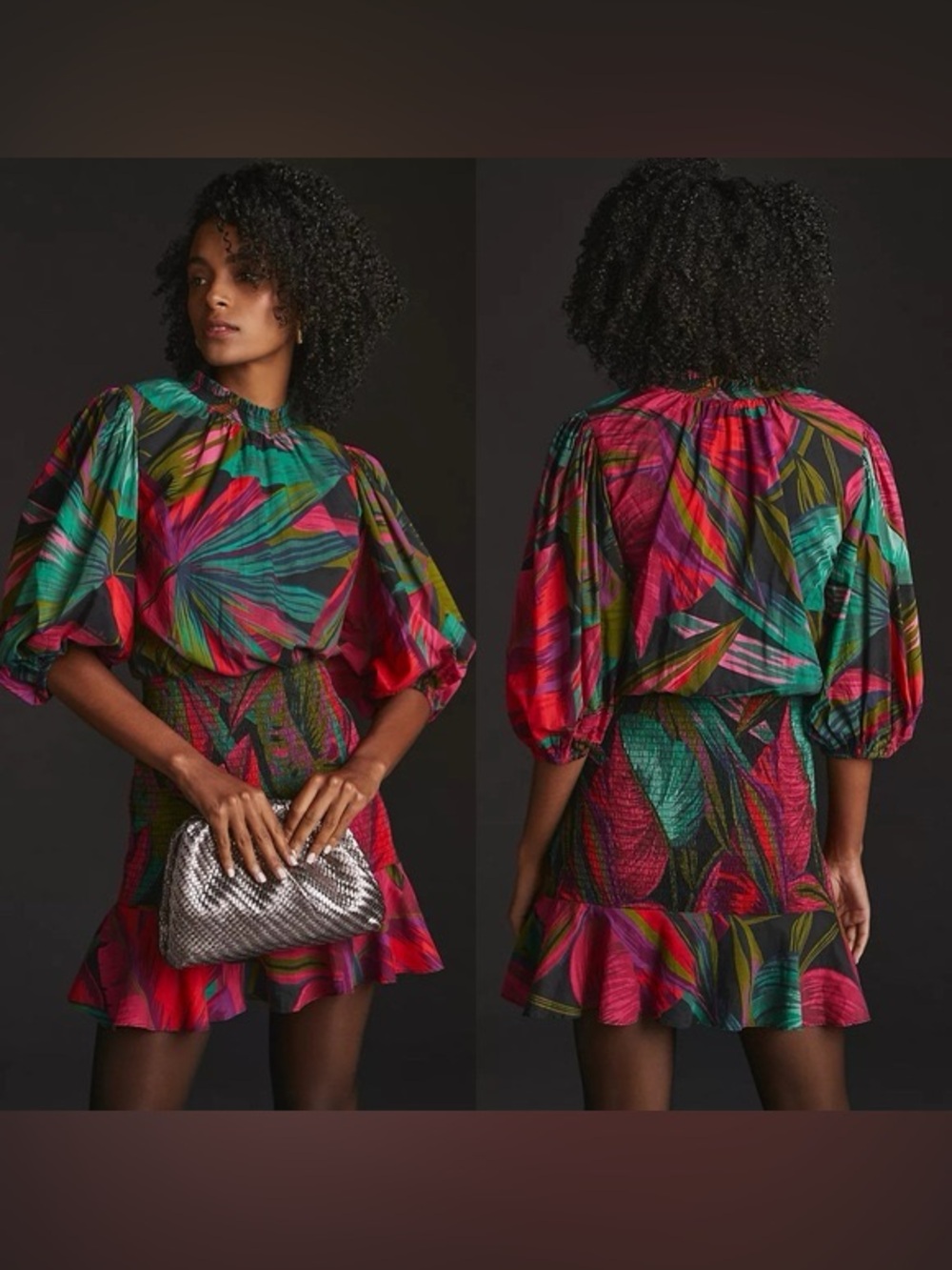 FARM Rio Multicolor Tropical Leaf Puff-Sleeve Mini Dress size Small